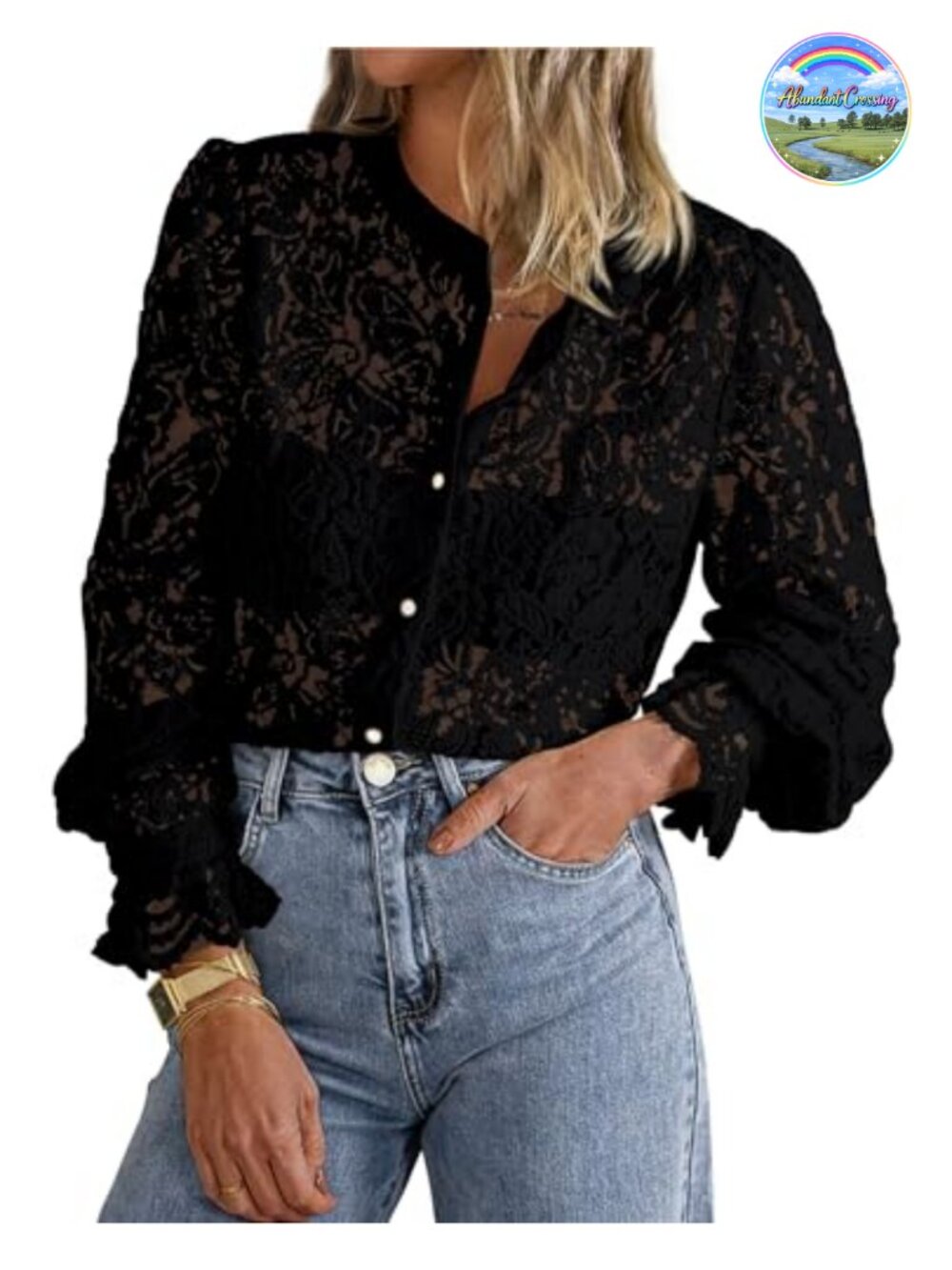 Women's Long Sleeve Lace Button Down Blouse Crewneck Work Top